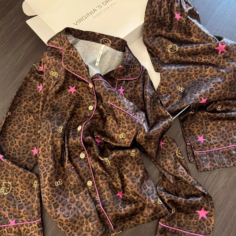 Sanrio Hello Kitty Sexy Pajamas for Women Kawaii Cartoon Spring Sleepwear Long Sleeve Pant Pyjama Leopard Print Pijama Home Suit