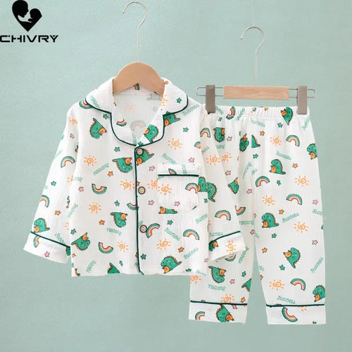 Kids Summer Thin Pajamas Sets New 2023 Boys Girls Cotton Linen Cartoon Long Sleeve Lapel Shirt Tops with Pants Baby Home Wear
